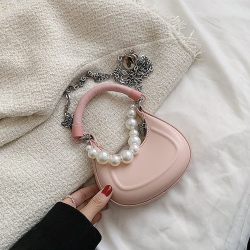 Back To College Deanwangkt Kawaii Tote PU Leather Half Moon Armpit Bag With Pearl Short Handle Women's Designer Handbag Luxury Shoulder Crossbody Bag - Deanwangkt