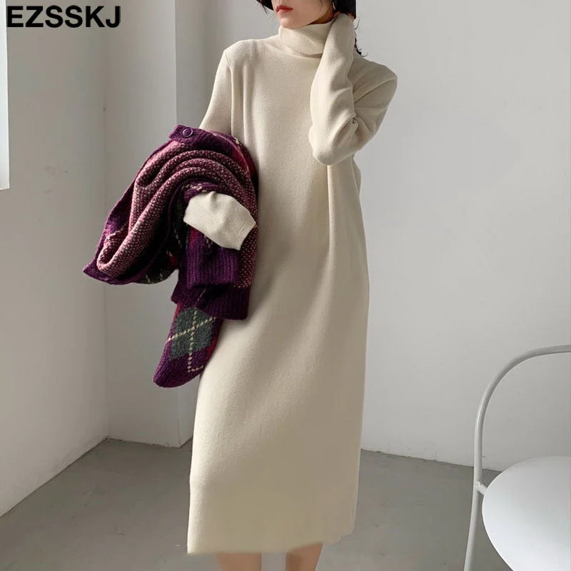 Christmas Gift Deanwangkt Casual autumn winter Pile collar thick maxi weater pullovers dress Women basic loose sweater female turtleneck long dress - Deanwangkt