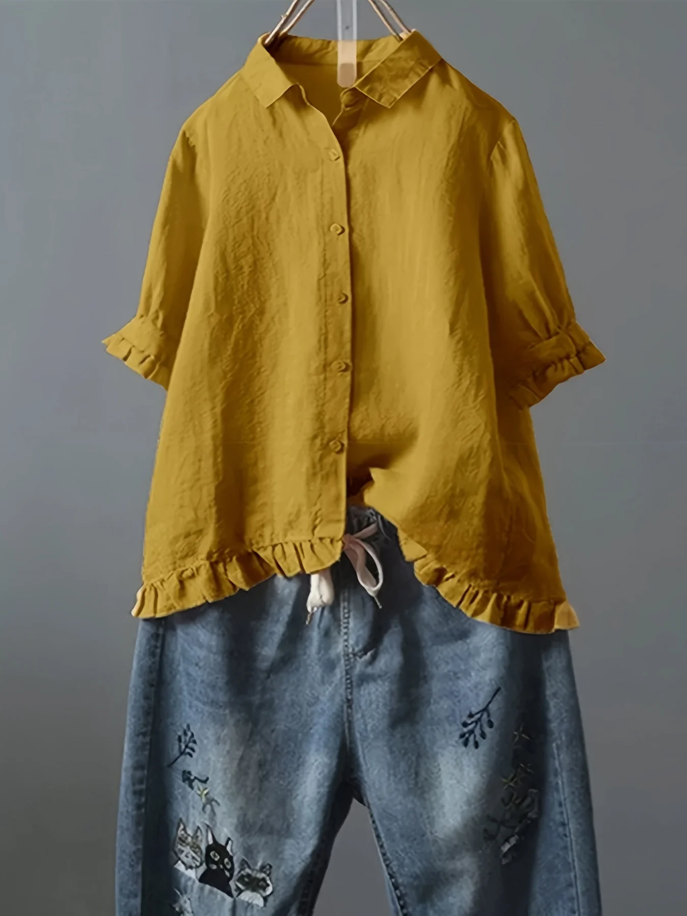 Solid Ruffle Trim 3/4 Sleeve T-Shirt, Casual All-Seasons Tops, Women's Clothing - Deanwangkt