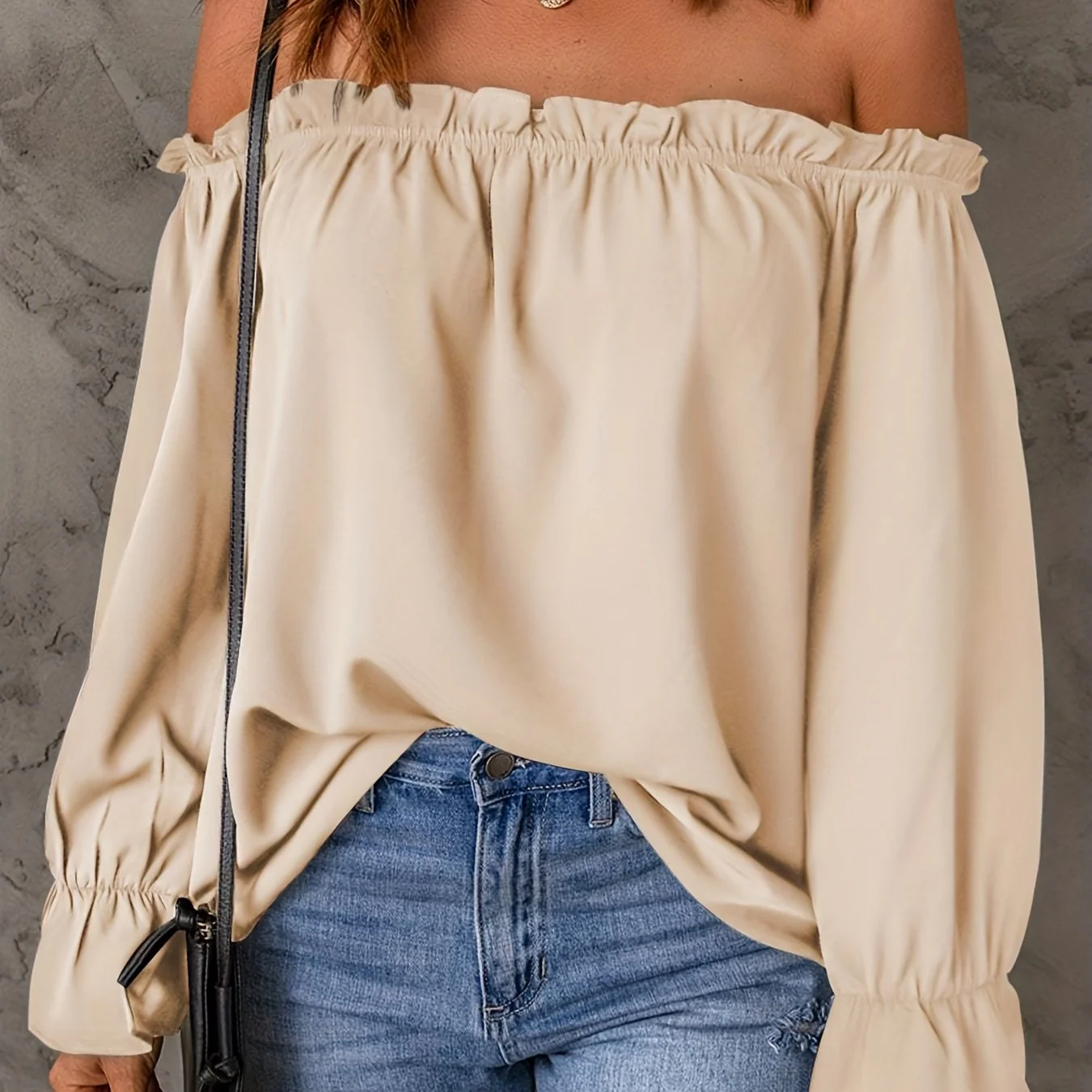 Off Shoulder Ruffle Trim Blouse, Casual Solid Long Sleeve Blouse For Spring & Fall, Women's Clothing - Deanwangkt