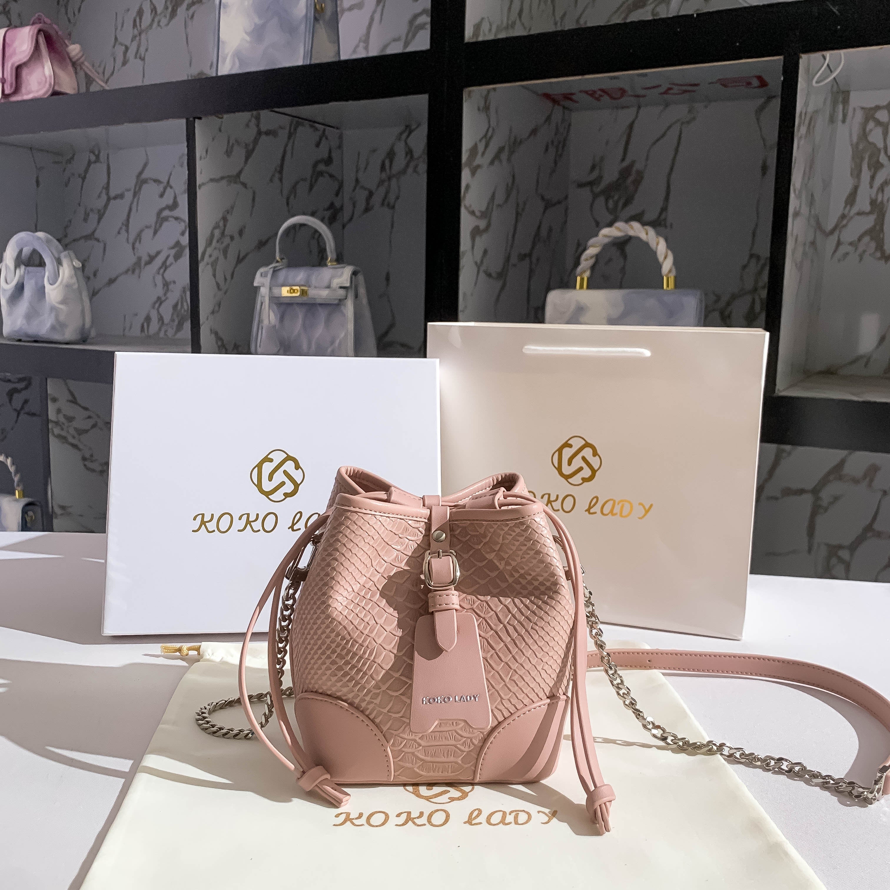 Snakeskin Embossed Bucket Bag For Women, Trendy PU Leather Handbag, Drawstring Crossbody Purse With Chain Strap - Deanwangkt