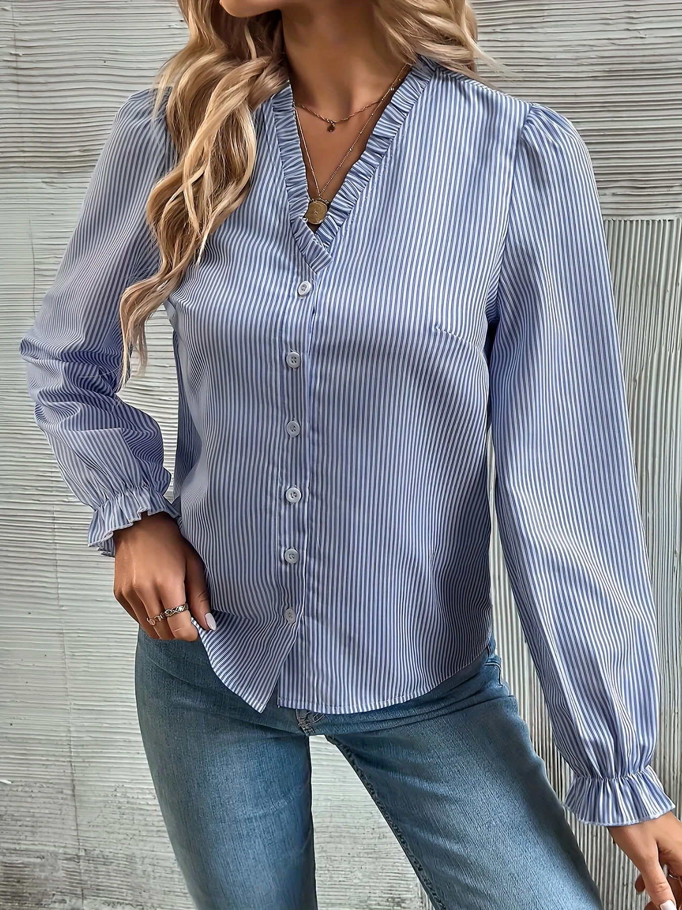 Striped Print Lettuce Trim Blouse, Elegant V Neck Button Front Blouse, Women's Clothing - Deanwangkt