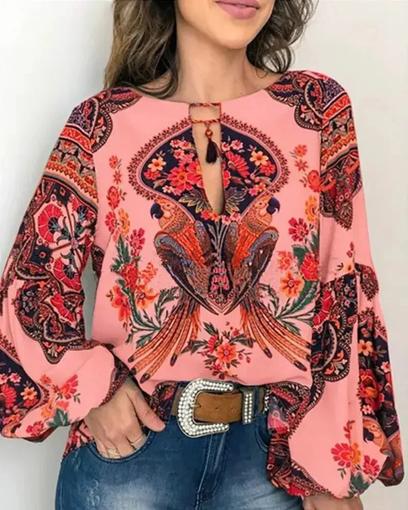 Deanwangkt - Bird floral-print crew-neck lantern-sleeve top - Deanwangkt