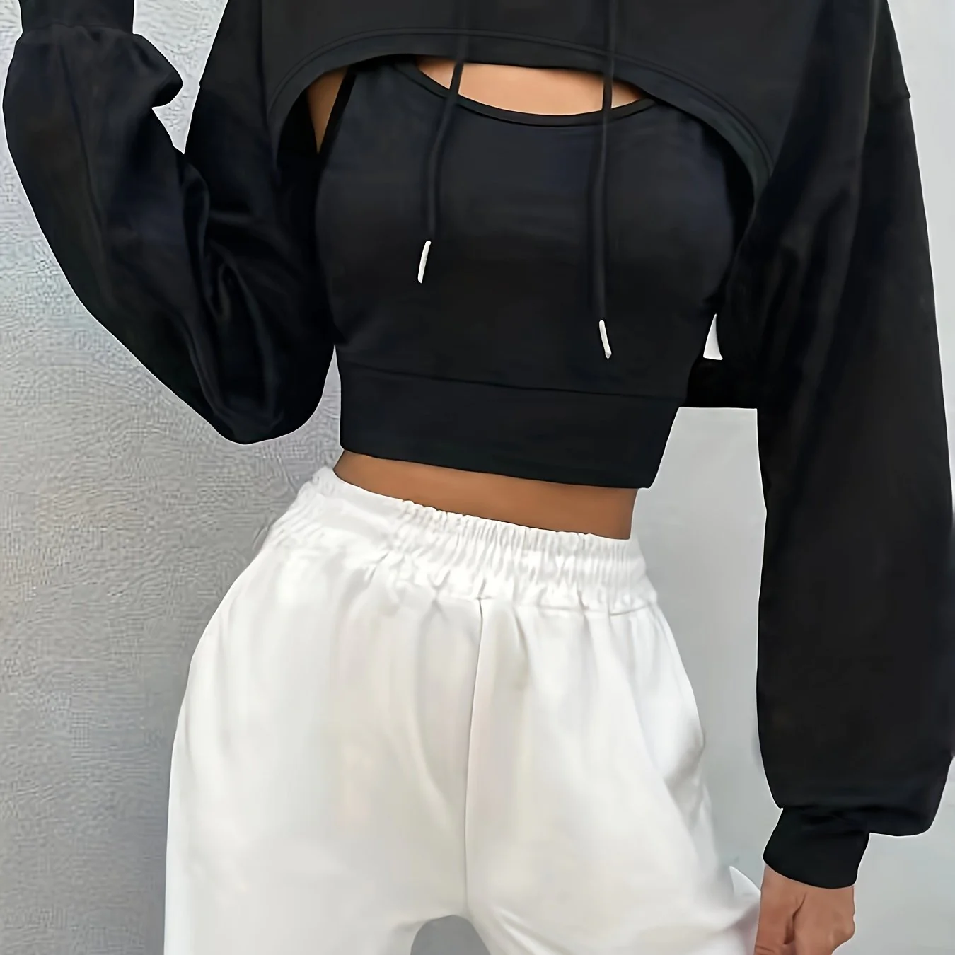 deanwangkt-1 Casual Two-piece Set, Drawstring Crop Hoodie & Solid Top Outfits, Women's Clothing - Deanwangkt