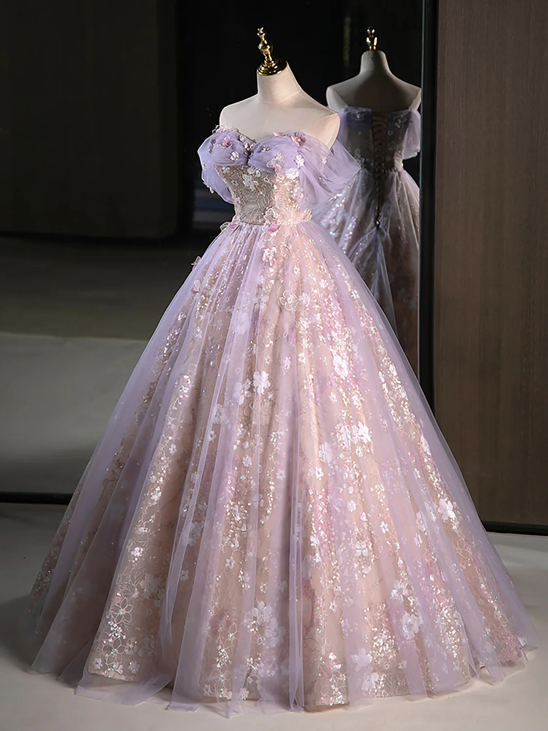A-Line Off Shoulder Tulle Lace Purple Long Prom Dress, Purple Formal Dress - Deanwangkt