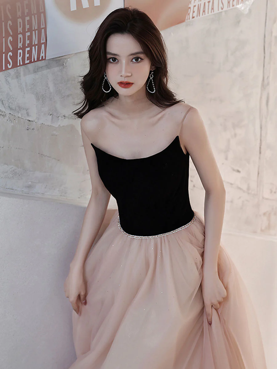 Simple Champagne Long Prom Dresses, Champagne Tulle Formal Dresses - Deanwangkt
