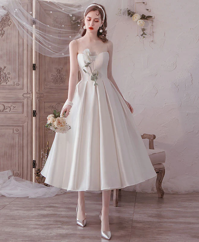Simple Round Neck Tea Length Prom Dress White Bridesmaid Dress - Deanwangkt