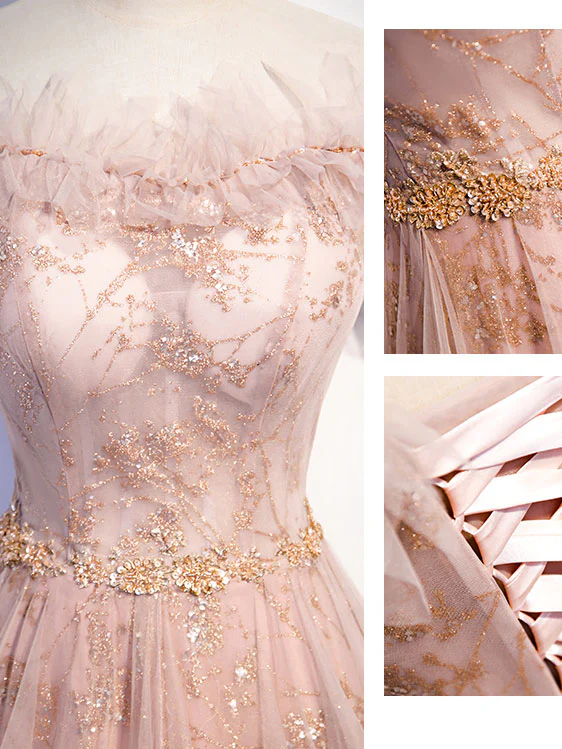 Pink Tulle Long Prom Dress, A line Pink Formal Graduation Dresses - Deanwangkt