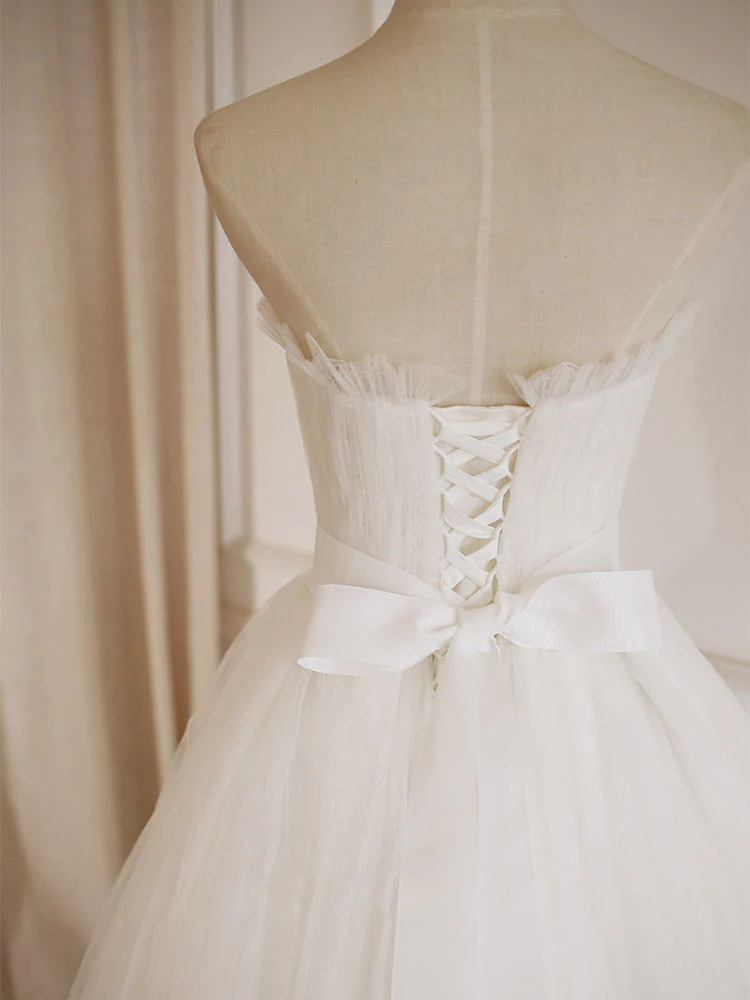 Simple  Lace Tea Length White Prom Dress, Tulle Lace Bridesmaid Dress - Deanwangkt