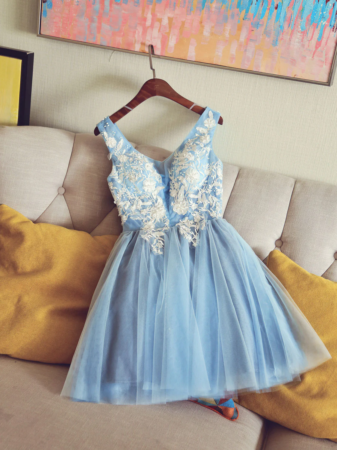 Cute V Neck Light Blue Tulle Lace Short Prom Dress Blue Homecoming Dress - Deanwangkt