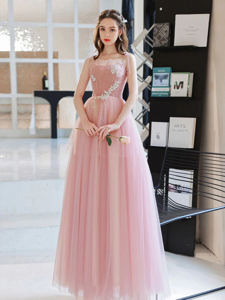Pink Tulle A line Long Prom Dress, Pink Tulle Evening Dresses - Deanwangkt