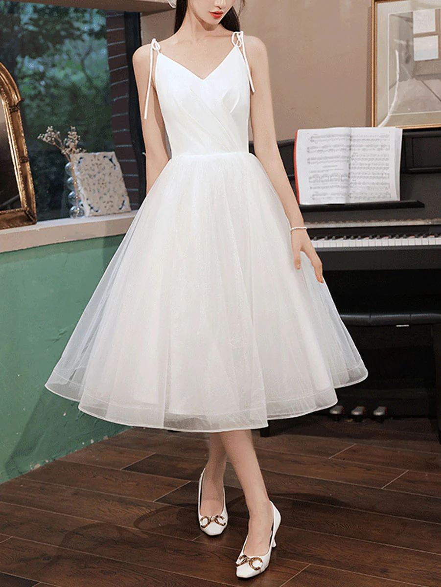 Simple White V Neck Short Prom Dress, White Homecoming Dress - Deanwangkt