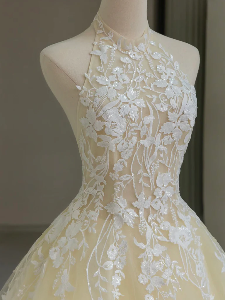 A-Line Lace Tulle Champagne Long Prom Dress, Tulle Lace Long Graduation Dress - Deanwangkt