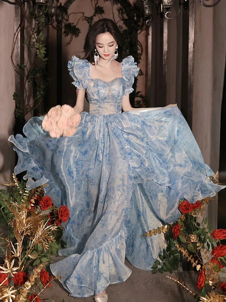 A-Line Off Shoulder Tulle Blue Long Prom Dress, Blue Long Formal Dress - Deanwangkt