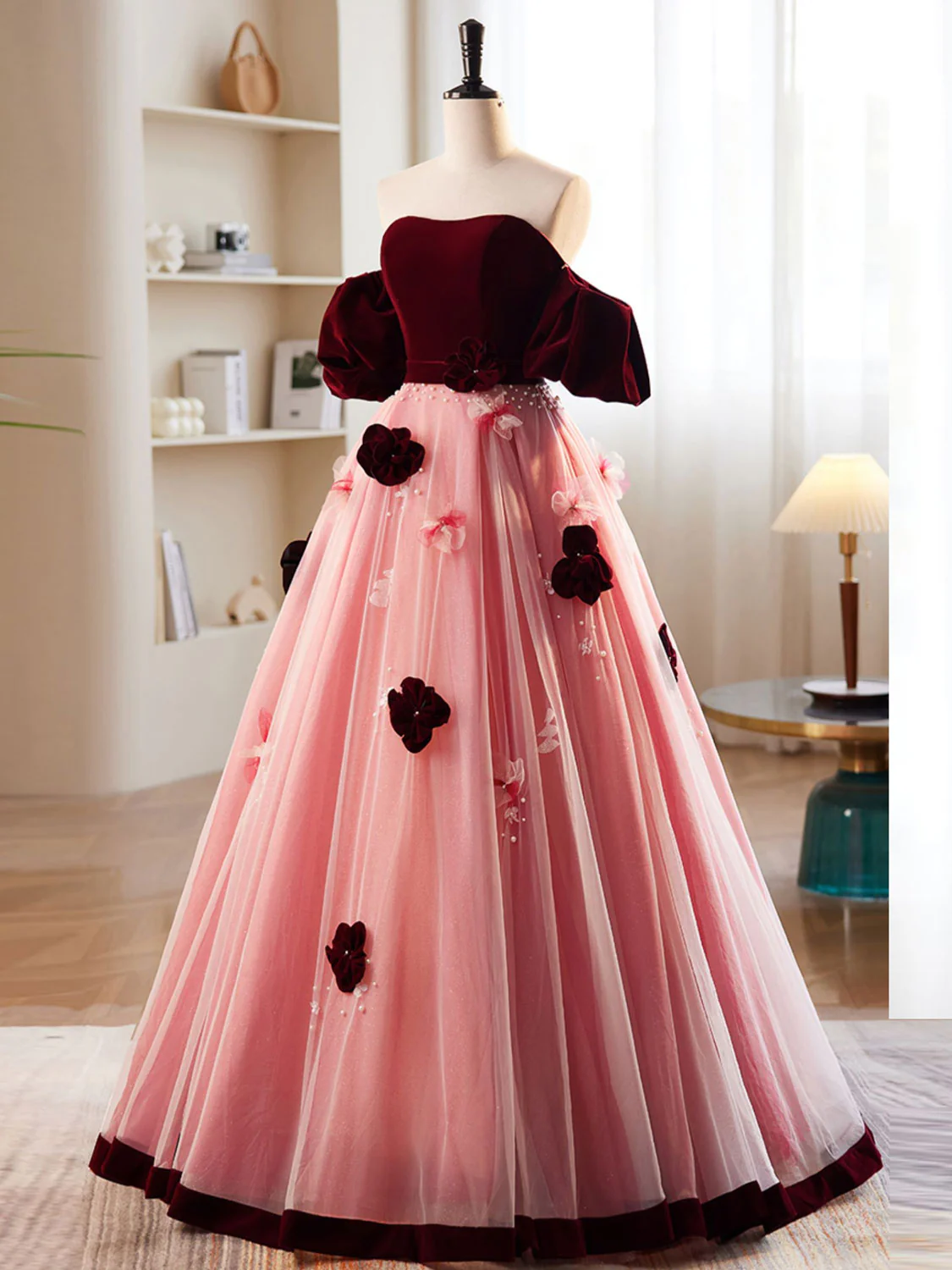 A-Line Burgundy/Pink Tulle Velvet Long Prom Dress, Burgundy Formal Dress - Deanwangkt