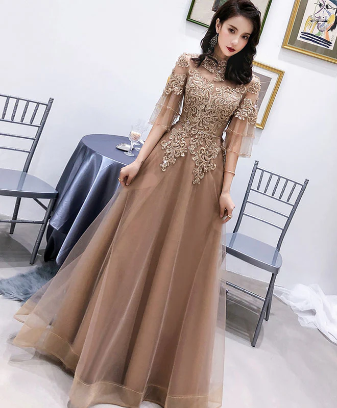 Champagne High Neck Tulle Lace Long Prom Dress, Champagne Evening Dress - Deanwangkt