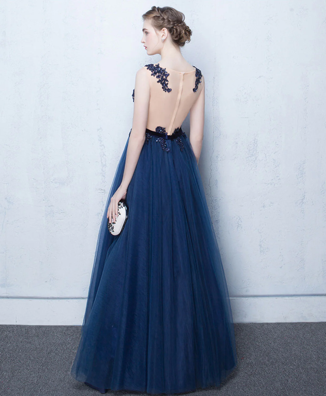 Elegant Dark Blue Tulle Lace Long Prom Dress, Blue Evening Dress - Deanwangkt