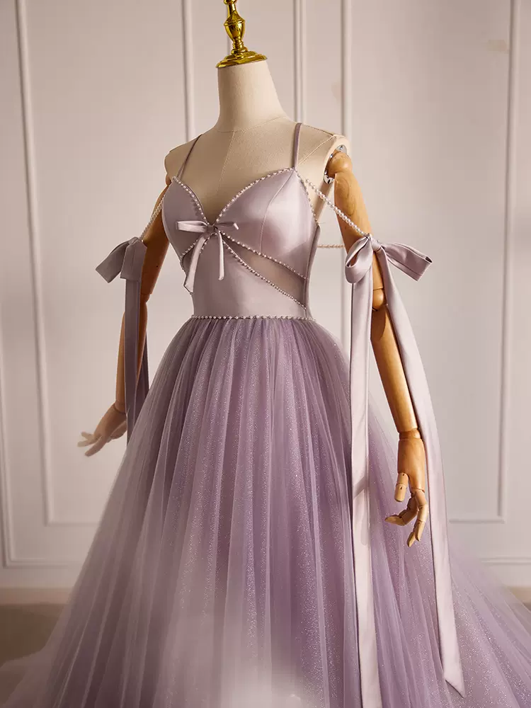 A-Line V Neck Tulle Beads Purple Long Prom Dress, Purple Long Formal Dress - Deanwangkt