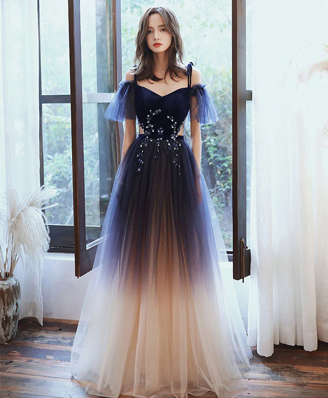 Blue Sweetheart Tulle Off Shoulder Long Prom Dress Blue Evening Dress - Deanwangkt