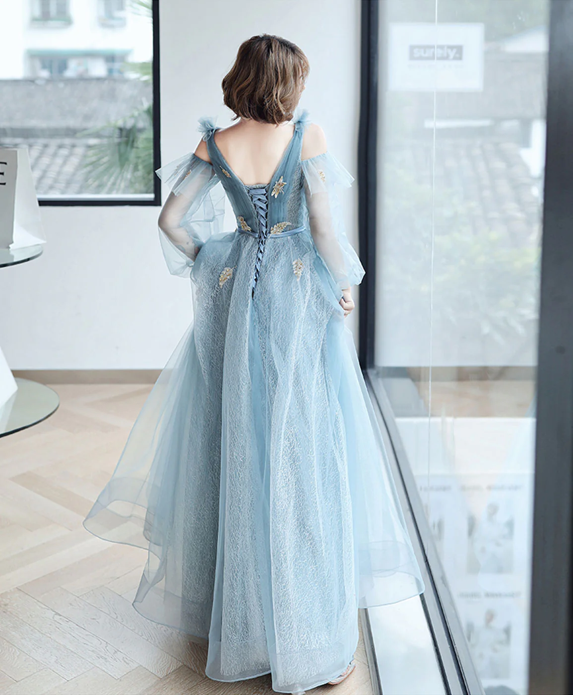 Blue V Neck Tulle Lace Long Prom Dress Blue Lace Formal Dress - Deanwangkt