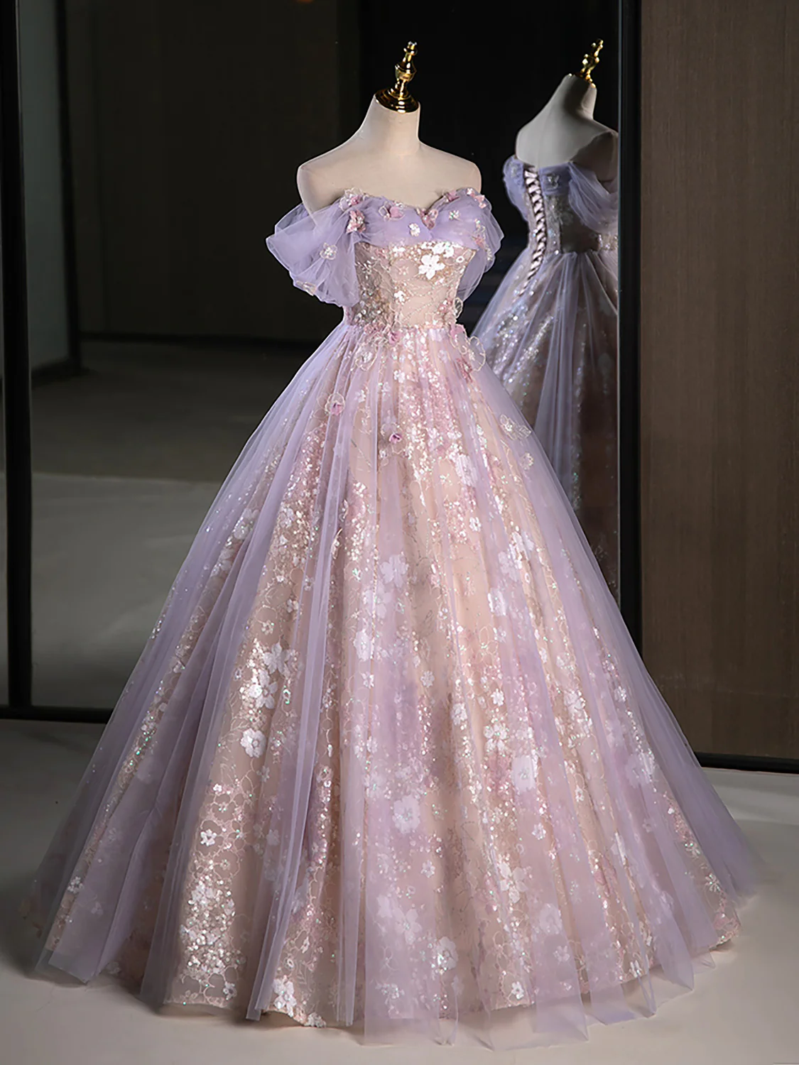 A-Line Off Shoulder Tulle Lace Purple Long Prom Dress, Purple Formal Dress - Deanwangkt