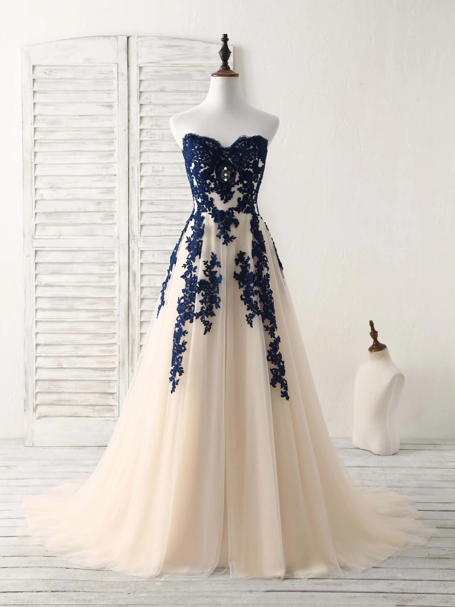 A-Line Sweetheart Tulle Lace Applique Long Prom Dress, Bridesmaid Dress - Deanwangkt