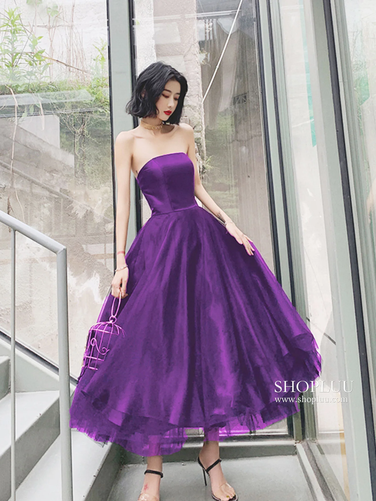 Simple Blue Tulle Tea Length Prom Dress, Tulle Homecoming Dresses - Deanwangkt
