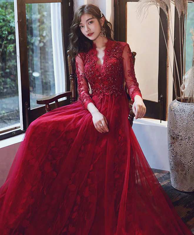 Burgundy V Neck Tulle Lace Long Prom Dress Burgundy Lace Evening Dress - Deanwangkt