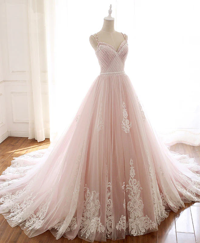 Pink Sweetheart Lace Tulle Long Prom Dress Lace Pink Evening Dress - Deanwangkt