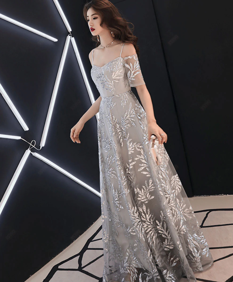 Gray Tulle Lace Long Prom Dress Gray Lace Evening Dress - Deanwangkt