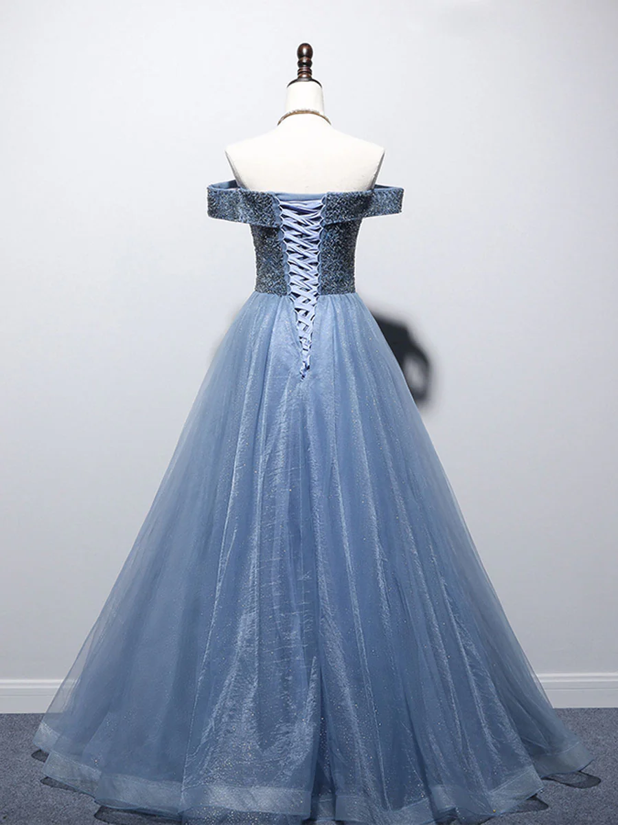 Blue Sweetheart Neck Beads Long Prom Dress, Blue Tulle Formal Dress With Beading Sequin - Deanwangkt