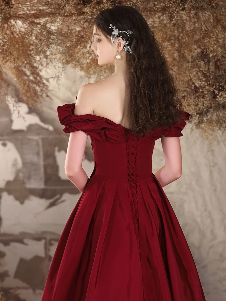 A-Line Off Shoulder Satin Burgundy Long Prom Dress, Burgundy Long Formal Dress - Deanwangkt