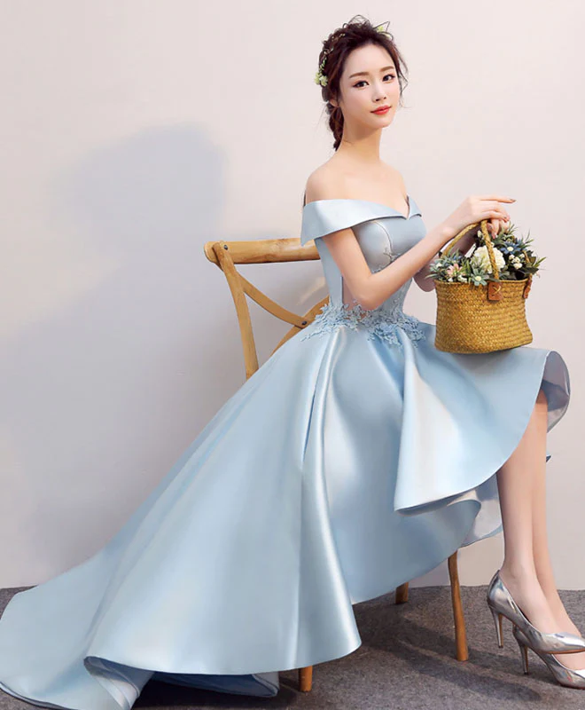 Light Blue High Low Lace Prom Dress, Blue Formal Bridesmaid Dress - Deanwangkt