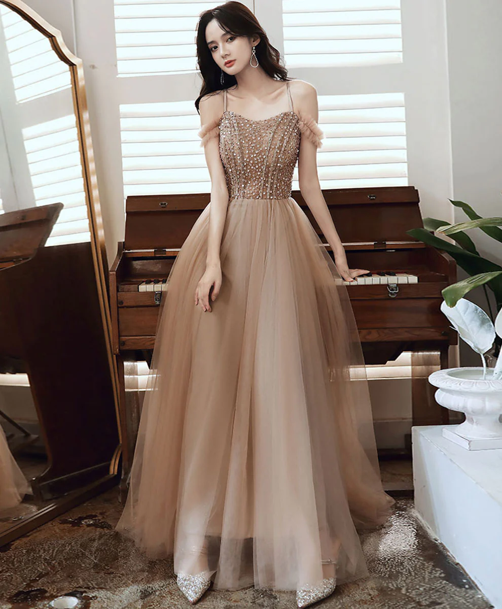 Champagne Sweetheart Aline Long Prom Dress with Beading - Deanwangkt