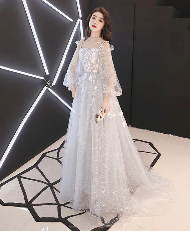Gray Tulle Lace Long Prom Dress, Gray Tulle Evening Dress - Deanwangkt