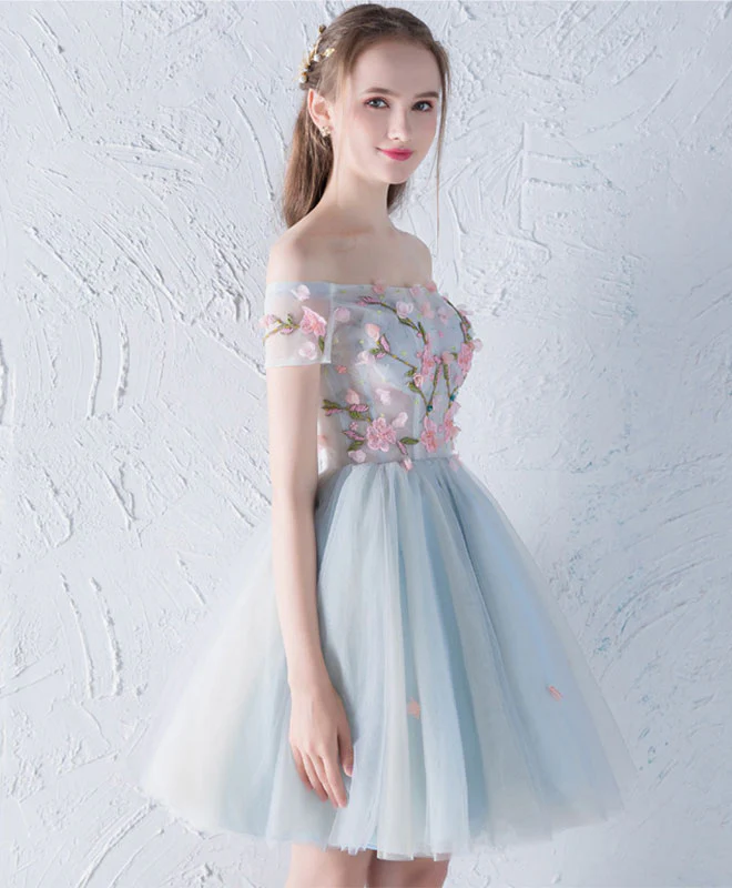 Gray Blue Tulle Lace Applique Short Prom Dress, Homecoming Dress - Deanwangkt