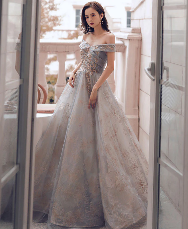 Unique Sweetheart Off Shoulder Lace Long Prom Dress Tulle Evening Dress - Deanwangkt