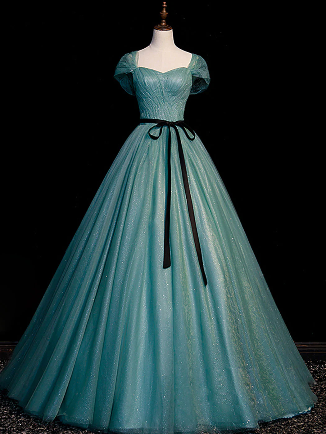 Green A line Tulle Sequin Long Prom Dress, Green Tulle Graduation Dress - Deanwangkt