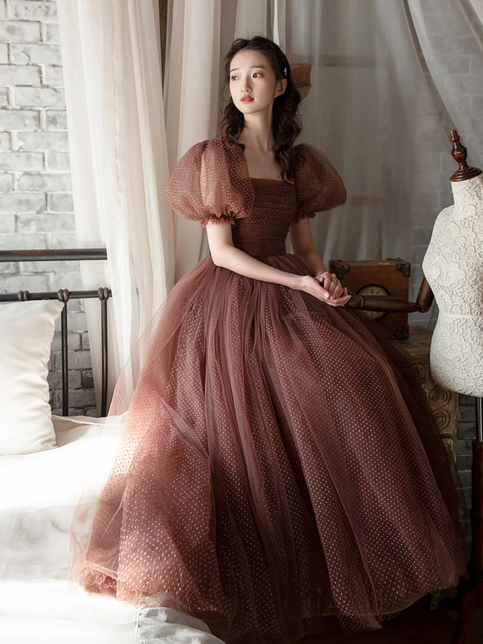 Elegant Retro Brown Tea Length Tulle Prom Dress, Puffy Homecoming Dress - Deanwangkt