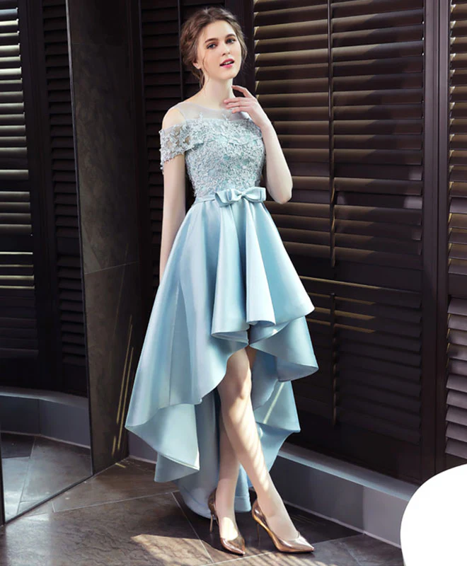 Light Blue Satin Lace Prom Dress, Blue Lace Evening Dress - Deanwangkt