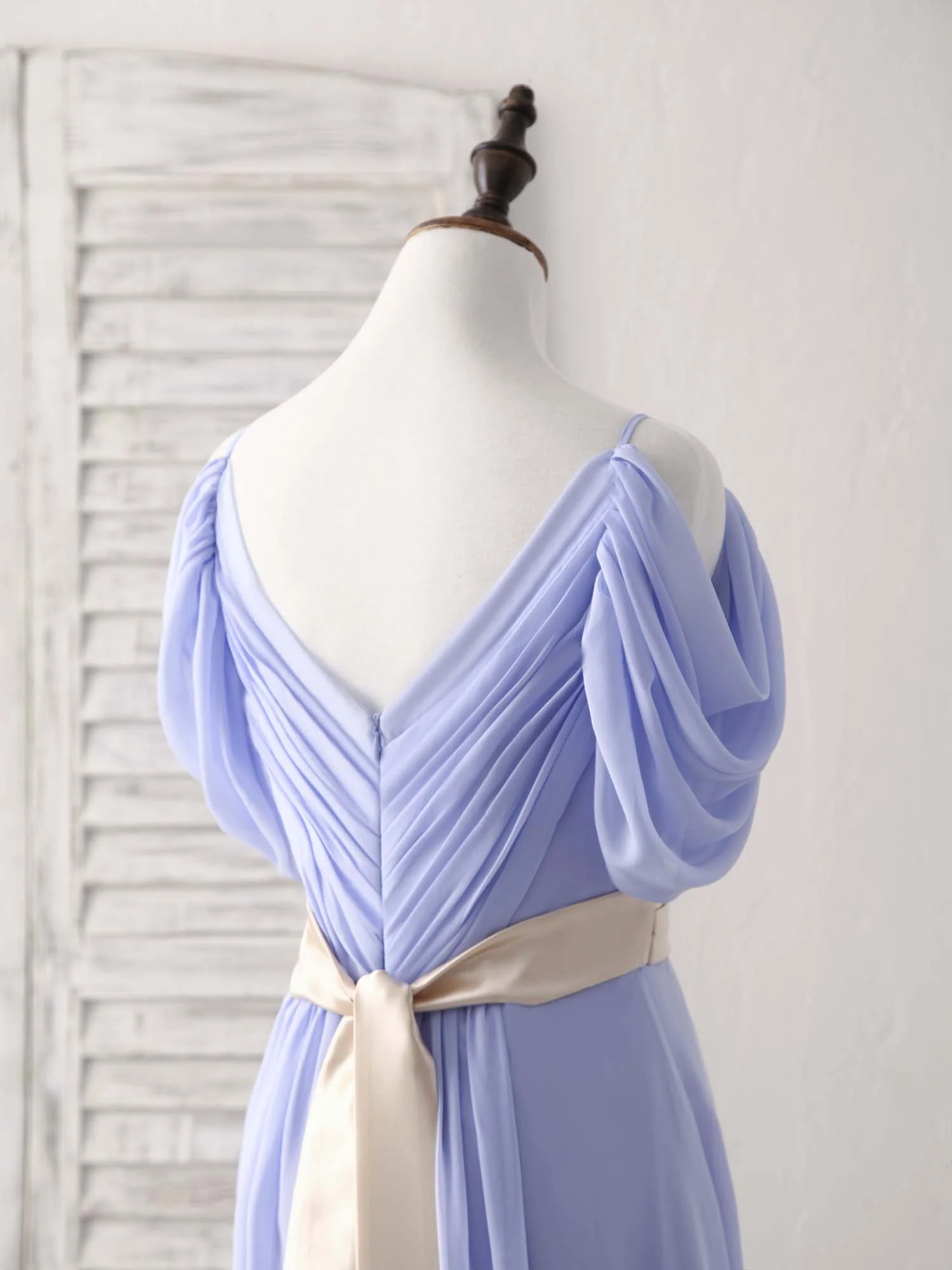 Simple V Neck Off Shoulder Chiffon Long Prom Dress Evening Dress - Deanwangkt