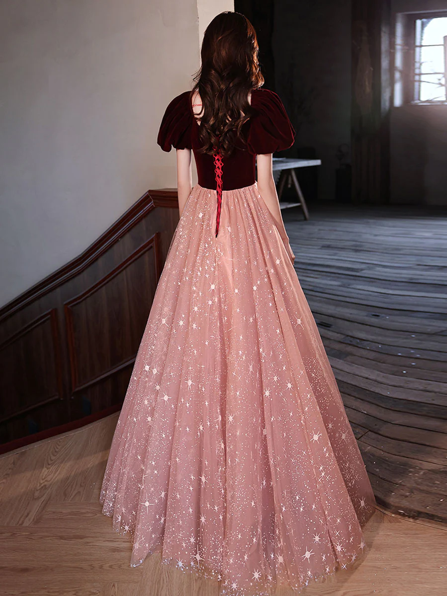 Burgundy velvet/tulle Long Prom Dresses, A line Tulle Formal Graduation Dresses - Deanwangkt