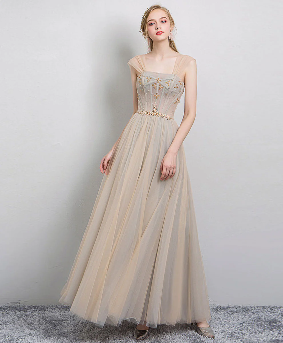 Champagne Tulle Long Prom Dress, Champagne Tulle Evening Dress - Deanwangkt