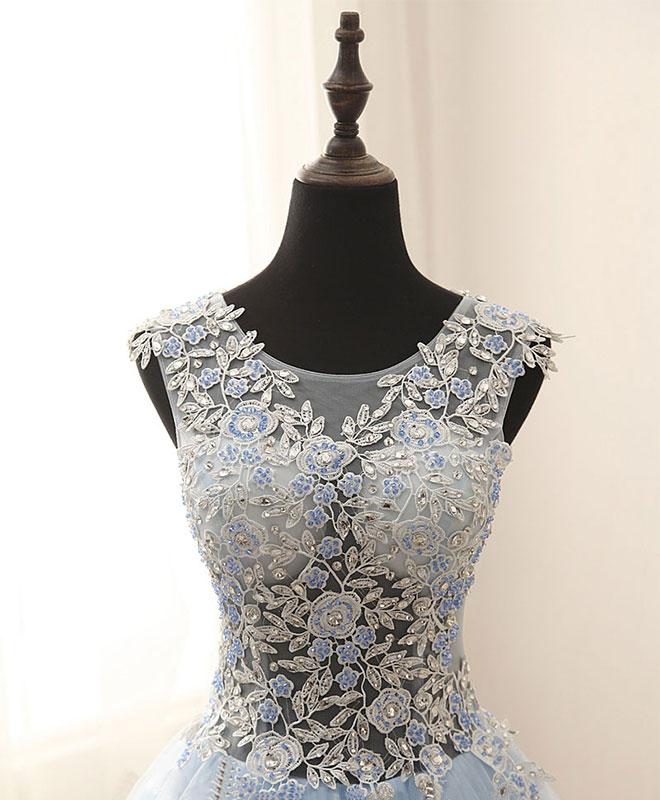 Unique Round Neck Tulle Lace Long Prom Dress, Long Evening Dress - Deanwangkt