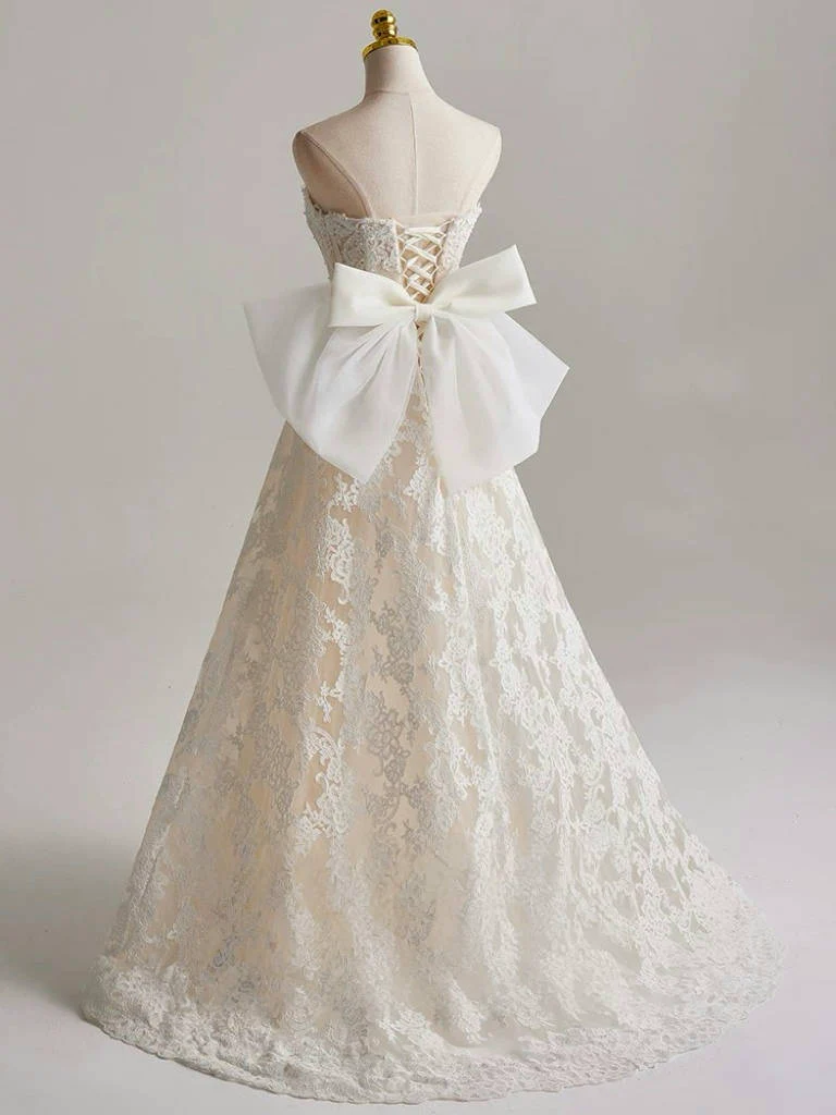 A-Line Tulle Lace Light Champagne Long Wedding Dress with Bow - Deanwangkt