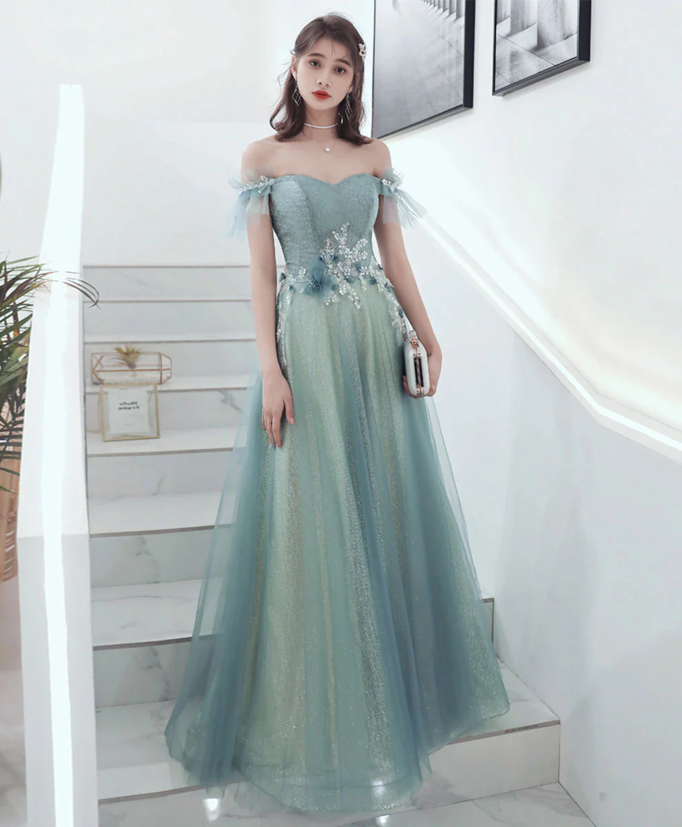 Green Aline Tulle Long Prom Dress, Green Formal Graduation Dress with Applique - Deanwangkt