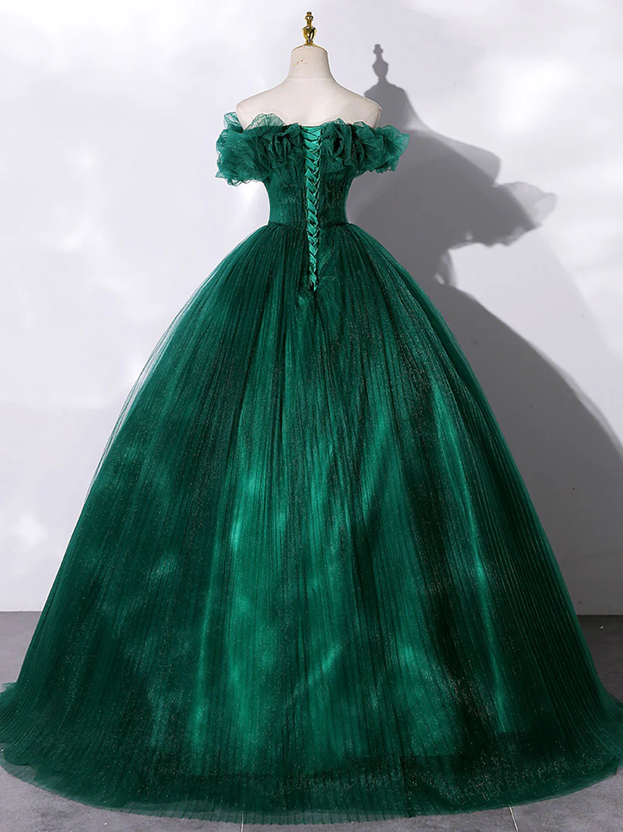 Green Off Shoulder Tulle Long Prom Dress, Green Sweet 16 Dress - Deanwangkt