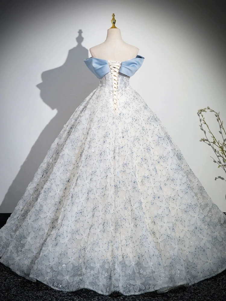 A-line Off Shoulder Tulle Lace Blue Long Prom Dress, Blue Long Formal Dress - Deanwangkt