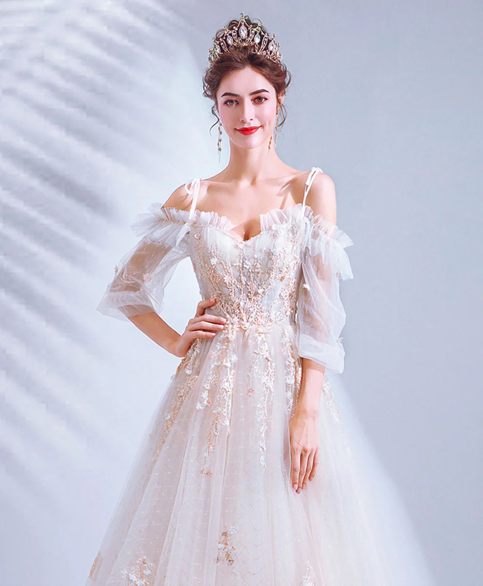 Light Pink Tulle Lace Long Prom Dress Lace Long Evening Dress - Deanwangkt