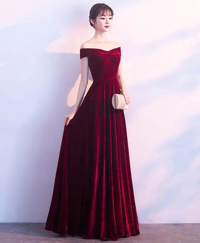 Burgundy V Neck Velvet Long Prom Dress, Evening Dress - Deanwangkt